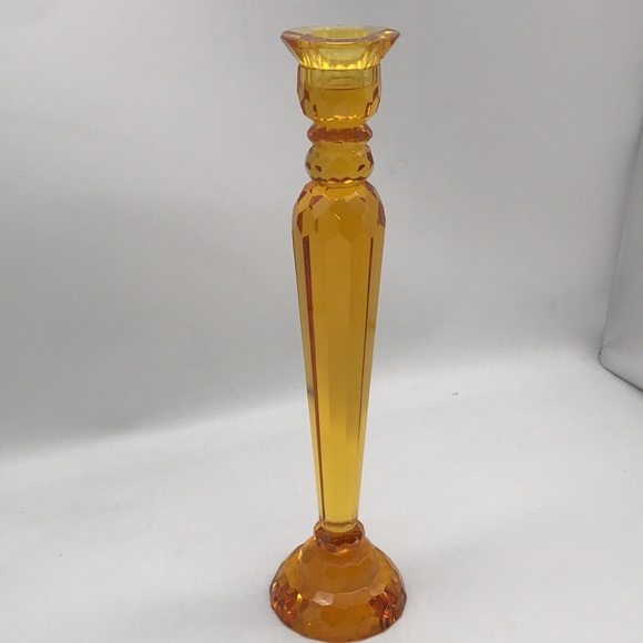 Sorelle Crystal Deep Amber Yellow Dining Candle Stick Holder—Size 11”x 2.75”Base - Picture 4 of 6